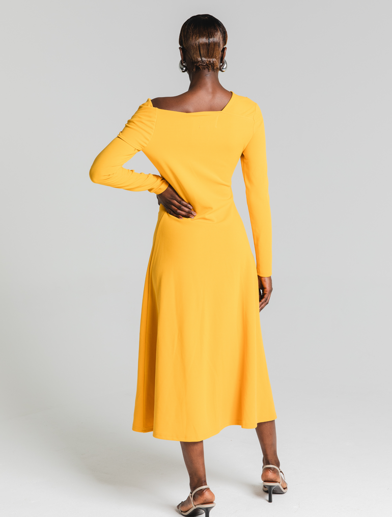 HEATHE Abiodun mustard yellow off-shoulder long sleeve ruched midi dress