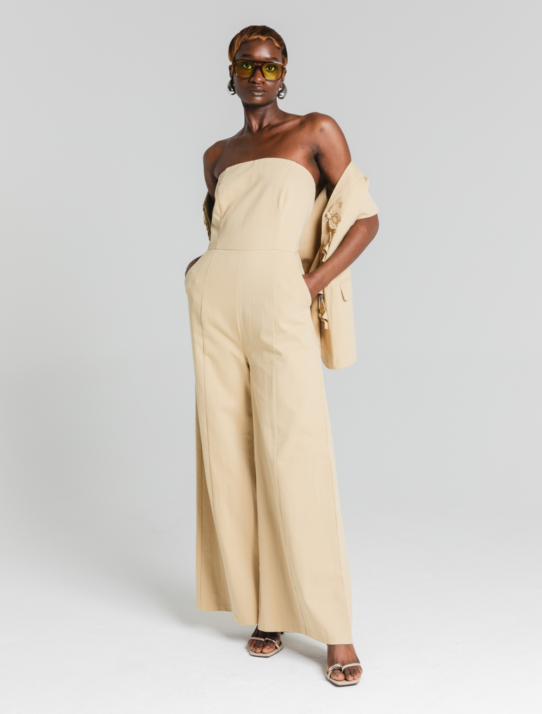 HEATHE Chiga beige bandeau wide leg jumpsuit