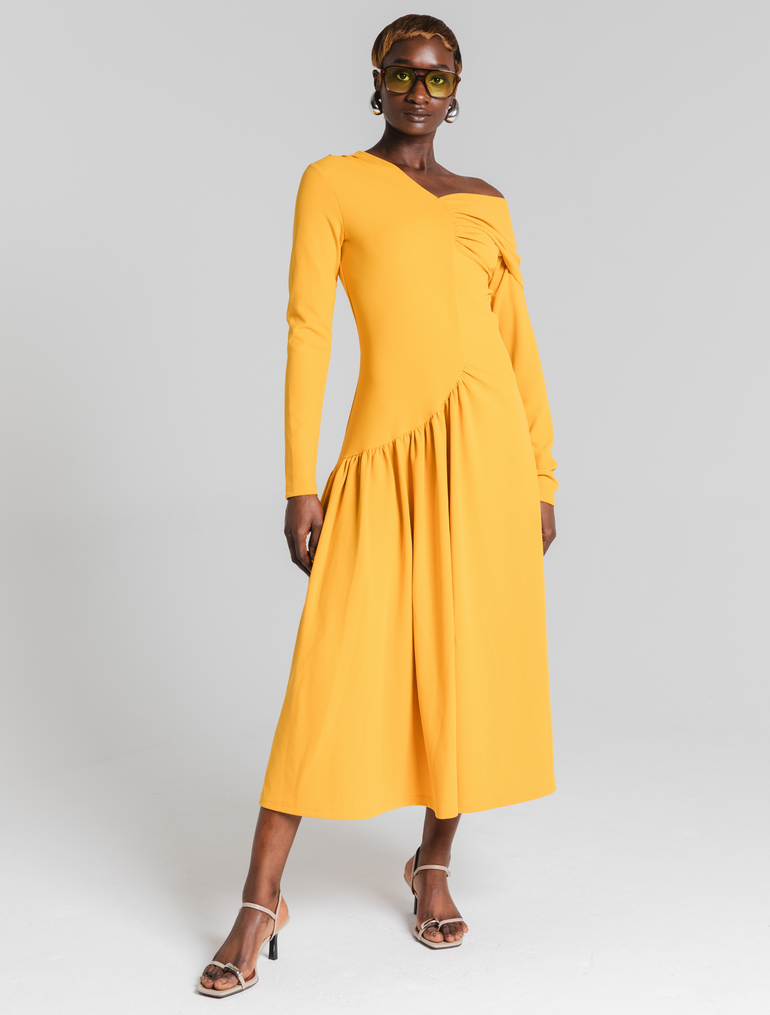 HEATHE Abiodun mustard yellow off-shoulder long sleeve ruched midi dress